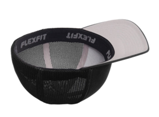 🎩6-Panel Flex Fit Trucker - Embroidered - Black Front/Black Mesh Back - S/M