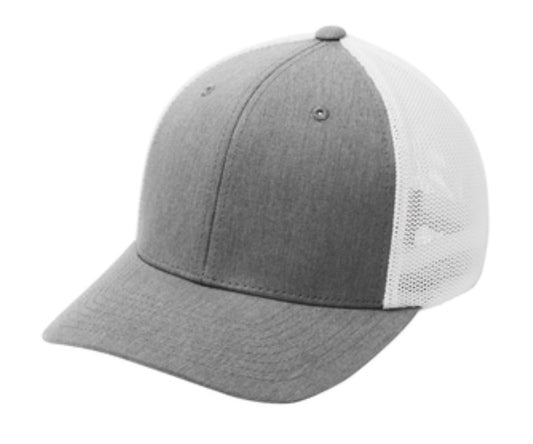 🎩6-Panel Flex Fit Trucker - Embroidered - Heather Grey Front/White Mesh Back