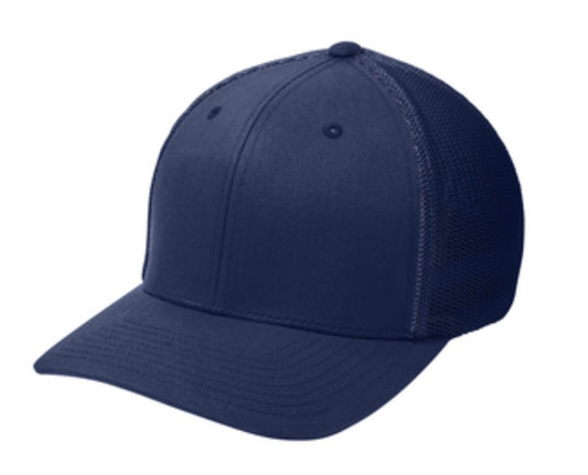 🎩6-Panel Flex Fit Trucker - Embroidered - Navy Front/Navy Mesh Back