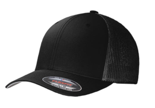 🎩6-Panel Flex Fit Trucker - Embroidered - Black Front/Black Mesh Back - L/XL