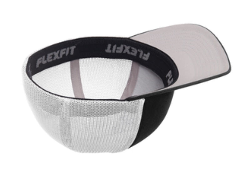 🎩6-Panel Flex Fit Trucker - Embroidered - Black Front/White Mesh Back