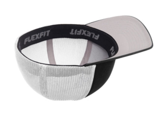 🎩6-Panel Flex Fit Trucker - Embroidered - Black Front/White Mesh Back