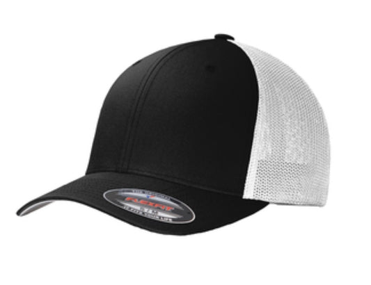 🎩6-Panel Flex Fit Trucker - Embroidered - Black Front/White Mesh Back