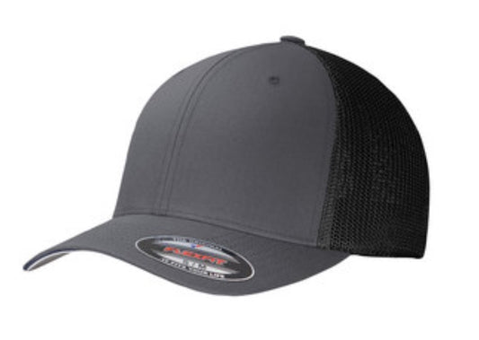 🎩6-Panel Flex Fit Trucker - Embroidered - Graphite Front/Black Mesh Back