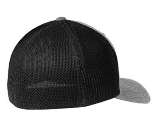 🎩6-Panel Flex Fit Trucker - Embroidered - Heather Grey Front/Black Mesh Back
