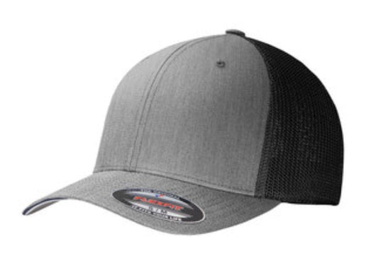 🎩6-Panel Flex Fit Trucker - Embroidered - Heather Grey Front/Black Mesh Back
