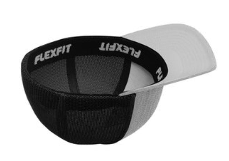 🎩6-Panel Flex Fit Trucker - Embroidered - Heather Grey Front/Black Mesh Back