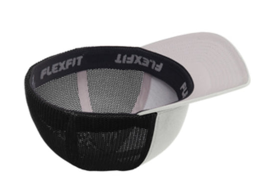 🎩6-Panel Flex Fit Trucker - Embroidered - Silver Front/Black Mesh Back