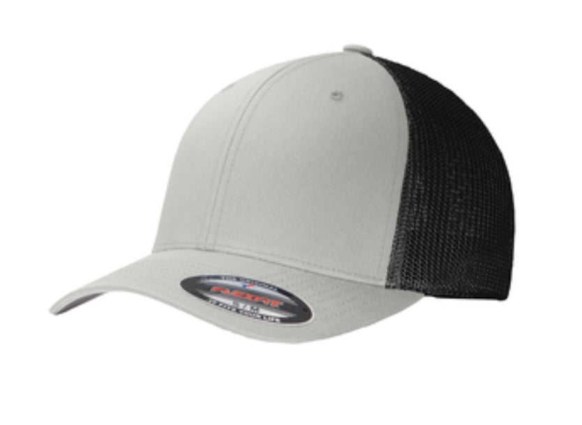 🎩6-Panel Flex Fit Trucker - Embroidered - Silver Front/Black Mesh Back