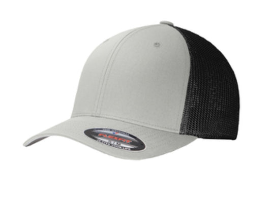 🎩6-Panel Flex Fit Trucker - Embroidered - Silver Front/Black Mesh Back