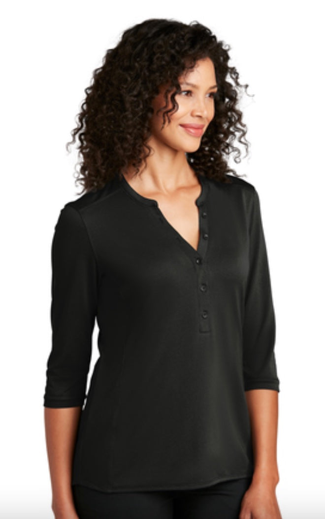 đź‘•Ladies - Embroidered - 100% Polyester Pique 3/4 Sleeve Henley - Black