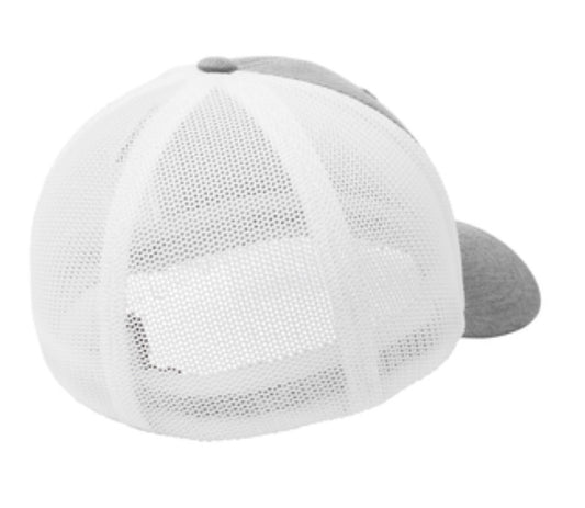 🎩6-Panel Flex Fit Trucker - Embroidered - Heather Grey Front/White Mesh Back