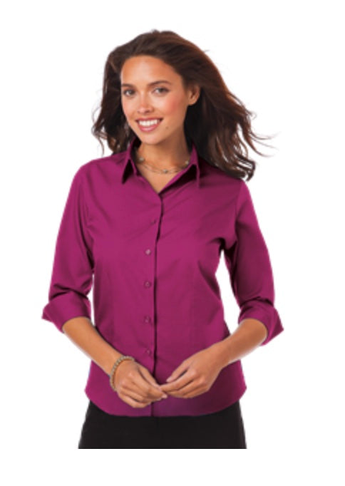 👕Ladies - Embroidered - Ladies' 3/4 Sleeve Poplin Shirt - Berry