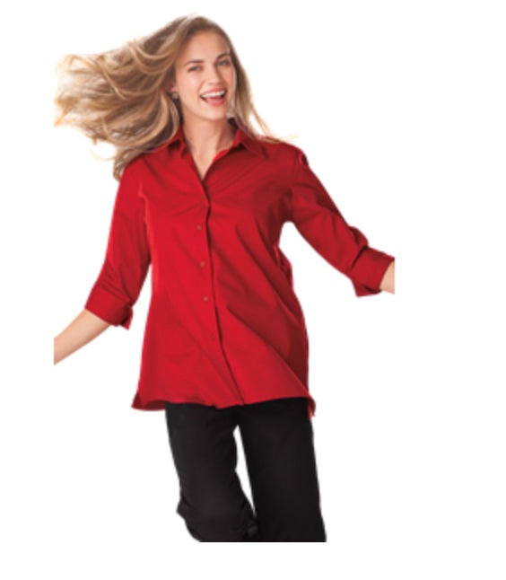 👕Ladies - Embroidered - Ladies 3/4 Sleeve Poplin Swing Shirt - Red