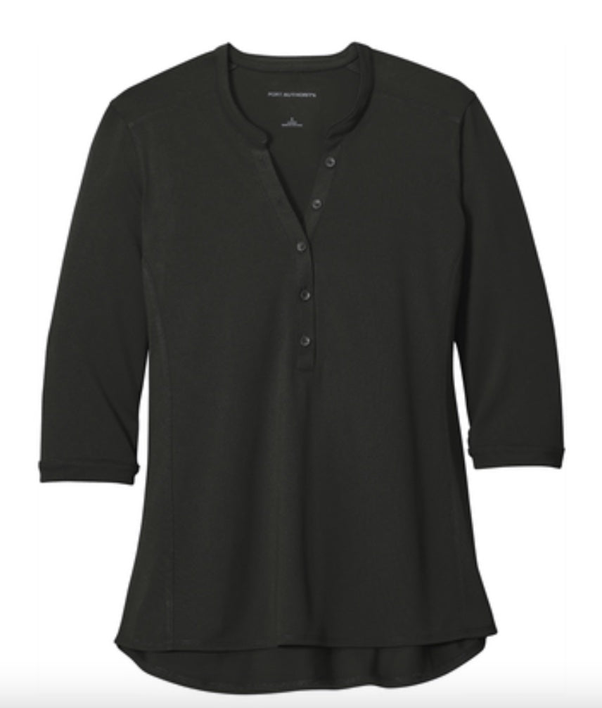 👕Ladies - Embroidered - 100% Polyester Pique 3/4 Sleeve Henley - Black