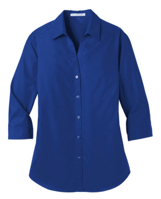 👕Ladies - Embroidered - Carefree Poplin 3/4 Sleeve Dress Shirt - Royal